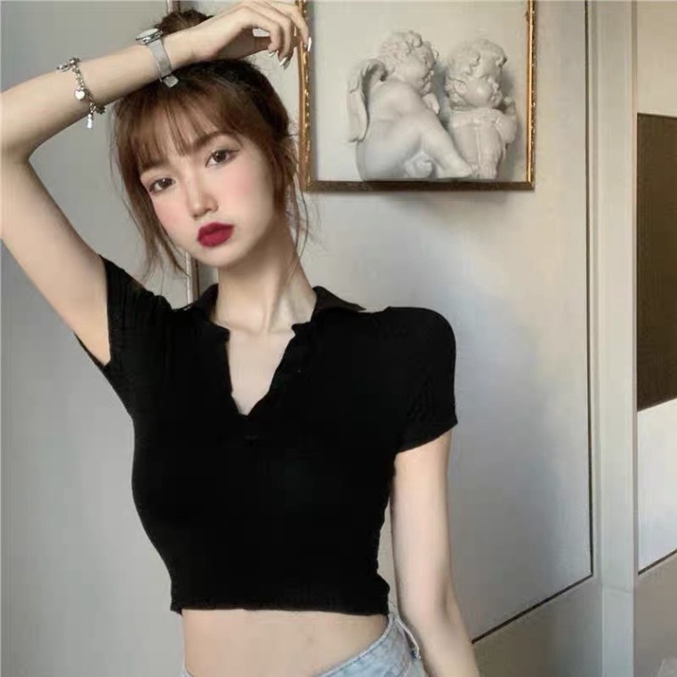 Áo croptop nữ tay ngắn có cổ kiểu polo crt sơ mi thun đẹp LUHAZO nhiều màu trắng đen xanh không cúc s5t4
