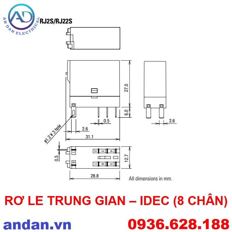 Rơ le trung gian IDEC RJ2S-CL-A220 RJ2S-CL-D24, 8 chân dẹt nhỏ, 2 cực, Imax = 8A + Đế rơ le SJ2S-05B