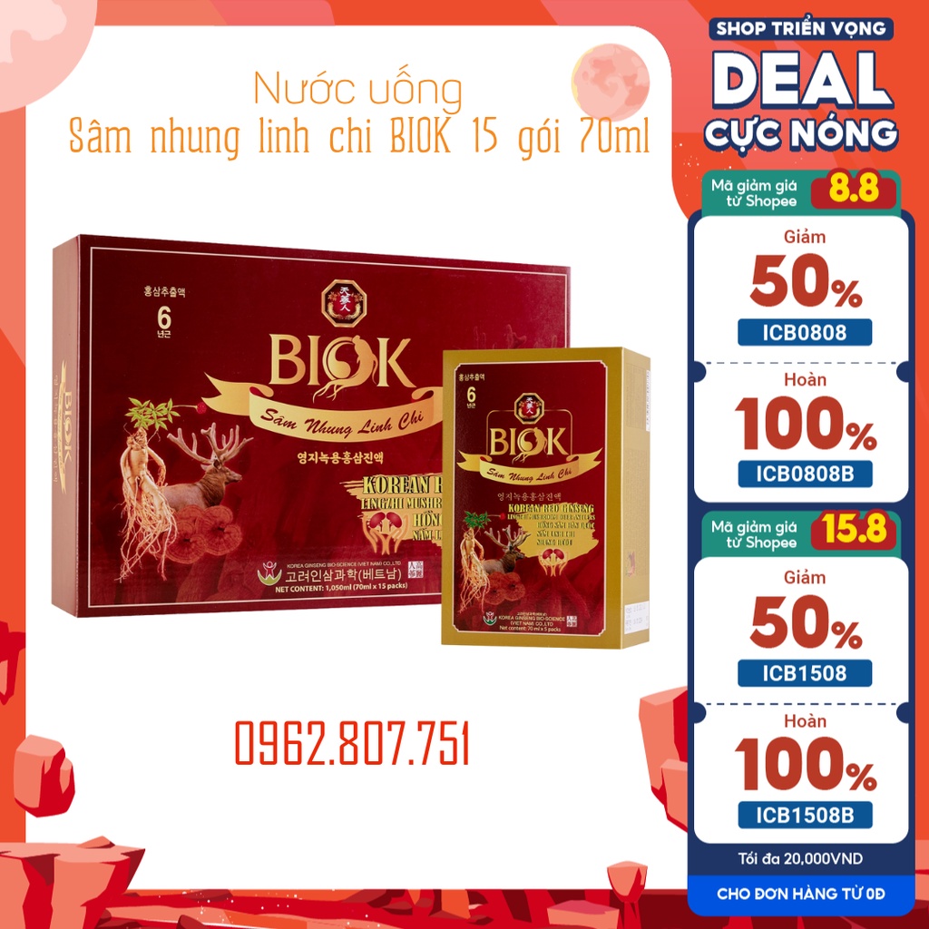 Sâm nhung linh chi bổ thận Hàn Quốc BIOK 70ml 15 gói, Chiết xuất hồng sâm thảo mộc bồi bổ dương khí, Quà tặng sức khỏe