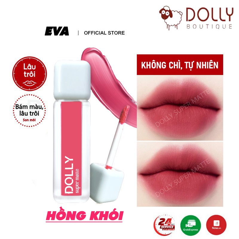 Son kem lì màu hồng khói Dolly super matte, son kem lì không chì bền màu lâu trôi, mua 2 cây tặng 1 hộp đựng cao cấp