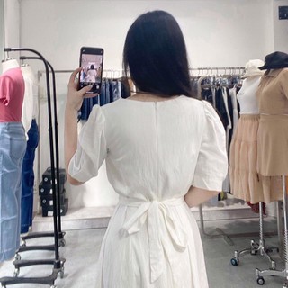 Đầm váy freesize trắng cổ tròn thắt eo
