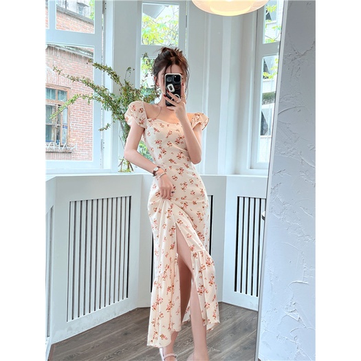 Váy hoa nhí cổ vuông trễ xẻ tà vai phong cách kiểu Pháp nhẹ nhàng Inin Shop