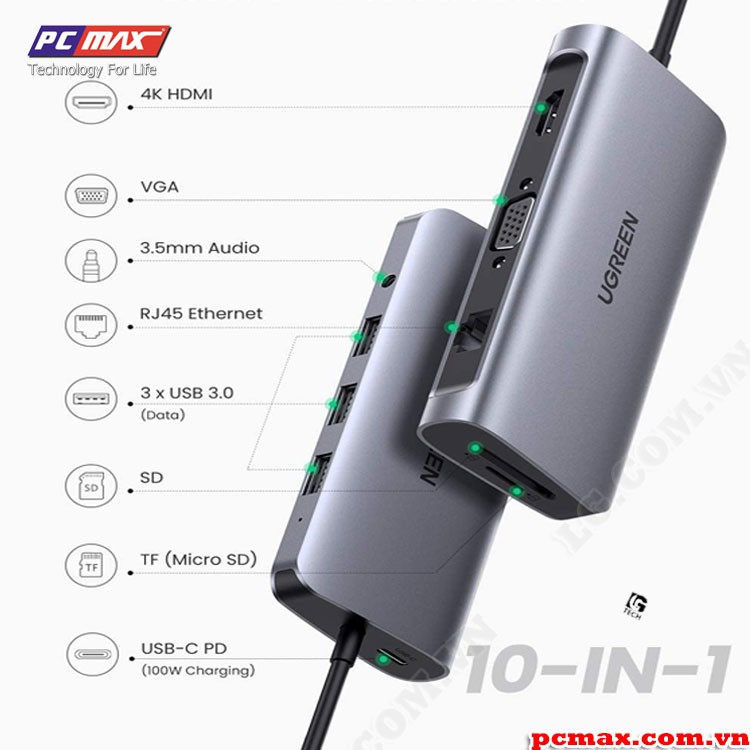 Hub USB Type C 10 in 1 4K USB C to HDMI, VGA, USB 3.0 Ugreen 80133 - Hàng chính hãng