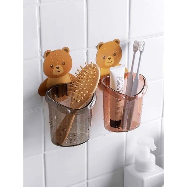 Cốc gấu đựng bàn chải-kem đánh răng dính tường siêu chắc