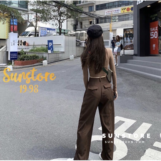 Quần ống rộng suông cài nút và áo croptop form ôm màu nâu ulzzang | BigBuy360 - bigbuy360.vn