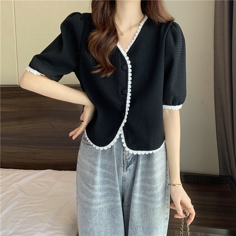 Áo cardigan nữ ngắn tay cổ chữ V phối ren hoa phong cách Pháp thời trang cho nữ JL-TX-119