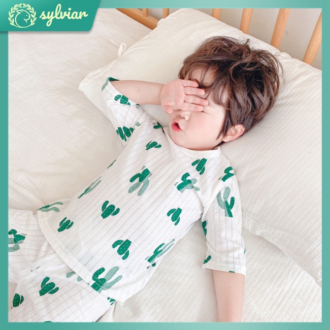 Bộ Đồ Ngủ 2 Món Tay 3/4 Vải Cotton Thoáng Khí In Họa Tiết Hoạt Hình Dễ Thương Cho Bé