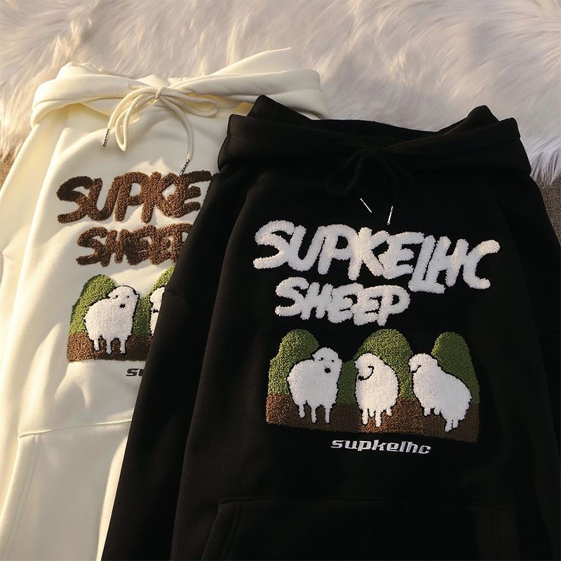 Áo Hoodie Lông Cừu Thêu Họa Tiết Dễ Thương Phong Cách Retro