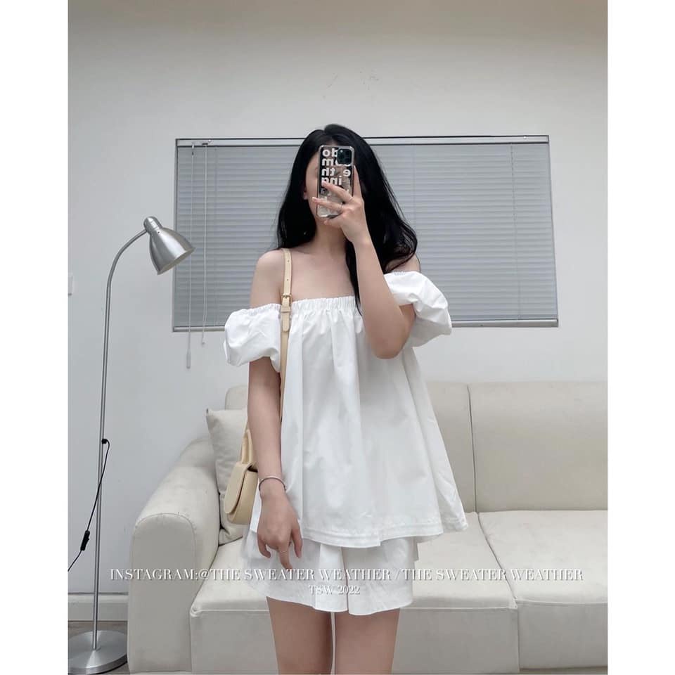Sét bộ áo trễ vai tay bồng kèm quần sooc đùi 2 màu trắng xanh bơ siêu xinh chất đũi xước xịn chuẩn ảnh THỜITRANG1989