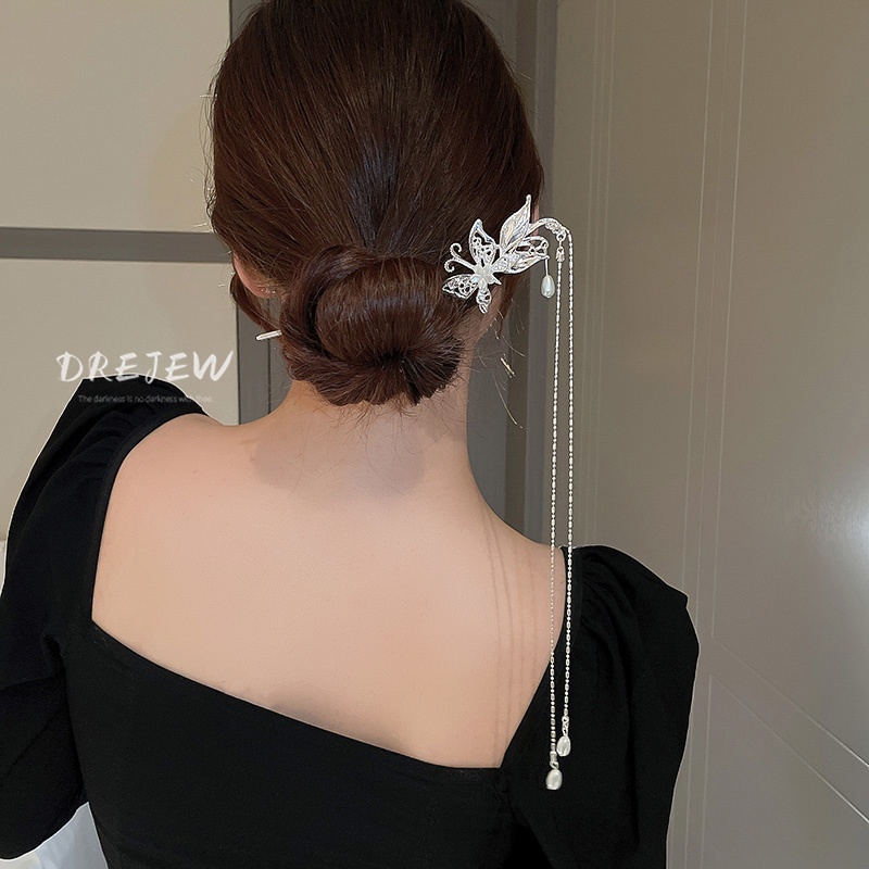 DREJEW Trâm Cài Tóc Tua Rua Hình Hoa Và Bướm Đính Ngọc Trai Phong Cách Trung Hoa Mới