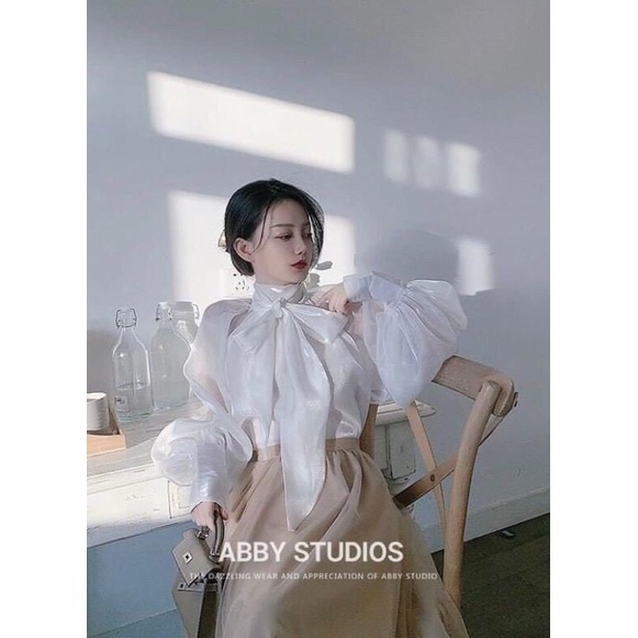 Áo Tơ Lụa Óng Dáng Babydoll Xoè Tiểu Thư, Tay Bo Cúc Bọc, Thiết Kế Nơ Buộc Điệu Đà Quyến Rũ Thanh Lịch