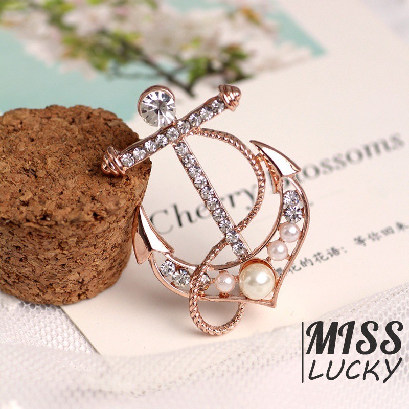 Ghim cài áo hình mỏ neo đính đá và ngọc trai giả xinh xắn