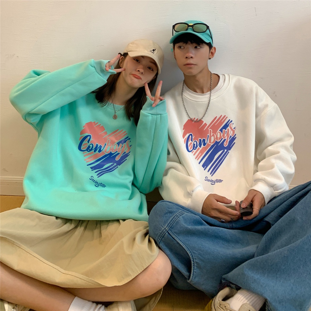 Áo Sweater Cổ Tròn Dáng Rộng In Hình Trái Tim Thời Trang Mùa Thu Mới 2021 Cho Cặp Đôi
