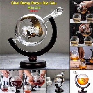 Chai đựng rượu thủy tinh 1500ml mẫu địa cầu globe cao cấp kèm đế gỗ - nắp thủy tinh đặc - vỏ chai rượu đẹp