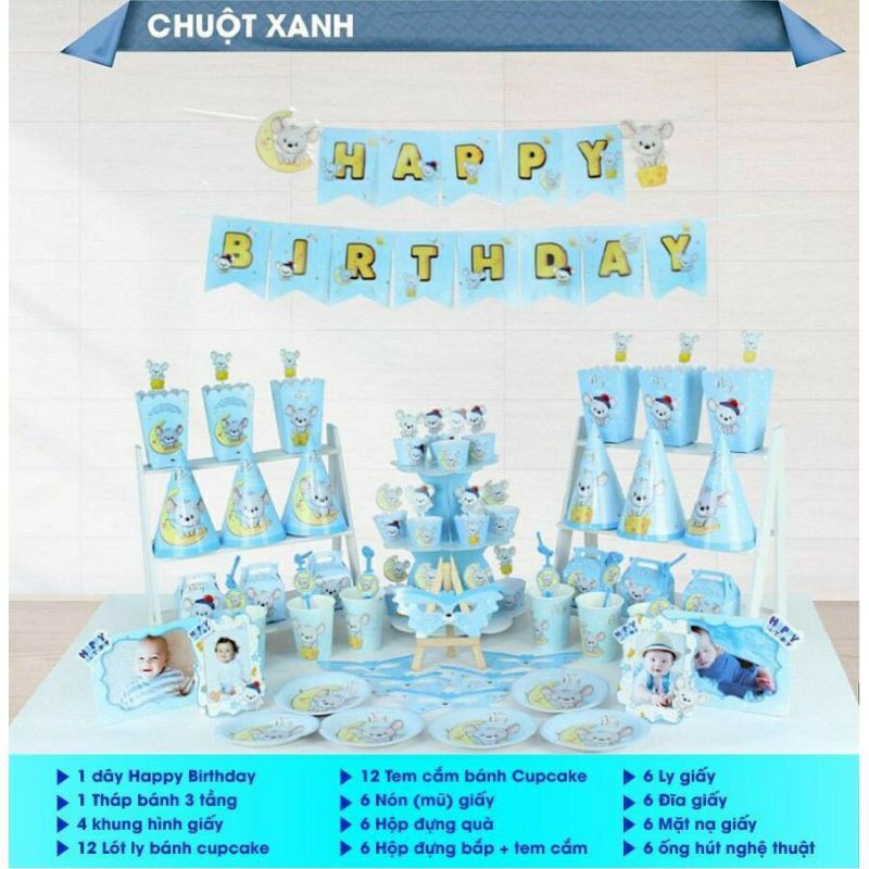 [Xanh Trai - Hồng Gái] Set trang trí bàn tiệc sinh nhật cho bé trai, bé gái tuổi chuột siêu đẹp, dễ thương