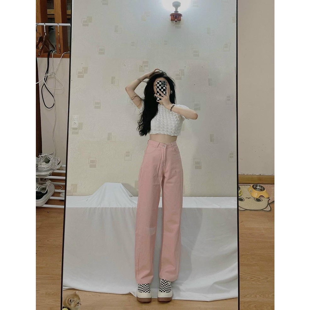Quần ống rộng dáng suông kaki jean hồng pastel - Quần suông kaki hồng lưng cao ulzzang quảng châu