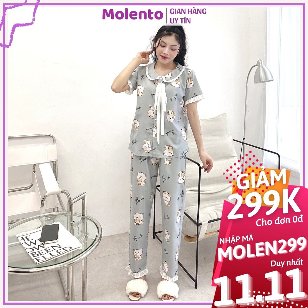 Bộ pijama nữ cộc tay Molento phối nơ chất kate thái loại 1 siêu nhẹ, thoáng mát họa tiết cute - M53