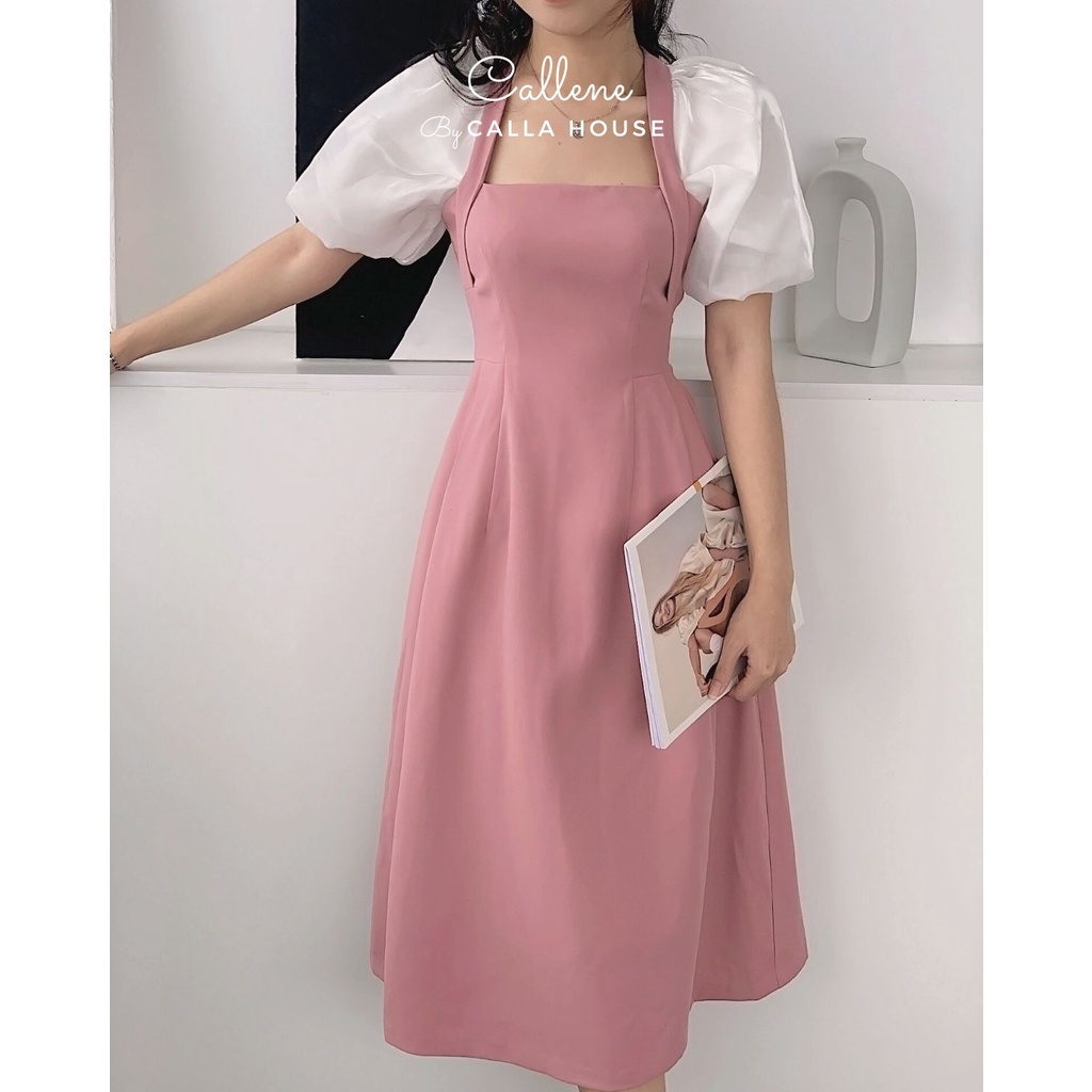 Đầm dự tiệc công sở cổ vuông tay voan dáng dài tùng xòe nhiều màu Callene (CC277)