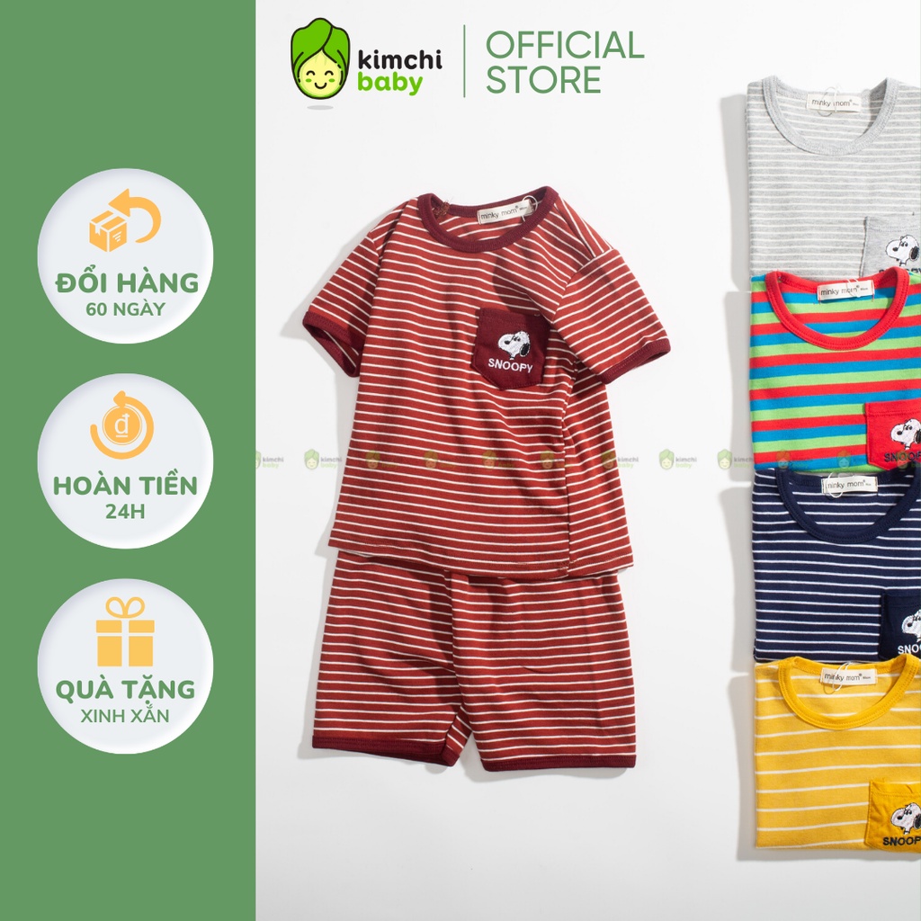 Đồ Bộ Bé Trai, Bé Gái Minky Mom Vải Cotton Borip Kẻ Ngang Túi Ngực Snoopy, Bộ Cộc Tay Mặc Nhà Cho Bé MKM2231