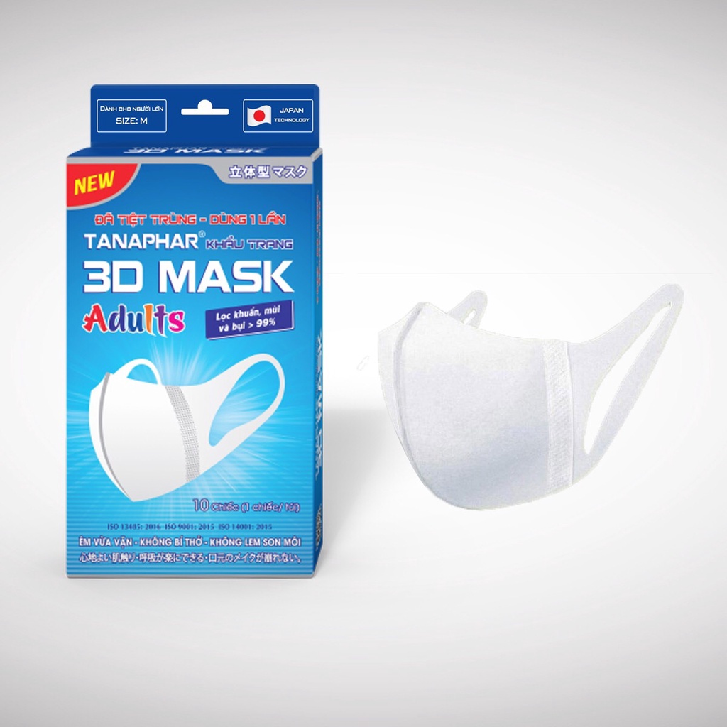 Khẩu trang y tế 3D Mask Tanaphar công nghệ Nhật Bản, size người lớn và trẻ em, hộp 10 chiếc