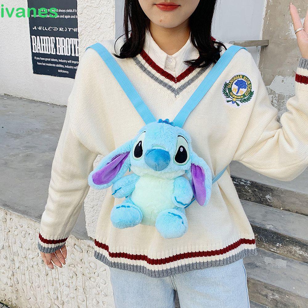IVANES Kawaii Plush Schoolbag Large Capacity Shoulders Bag Stitch Plush Backpack Stuffed Animals Toys Zipper Closure Anime Plush Backpack Cartoon Girls Plush Doll Stuffed Backpacks/Multicolor