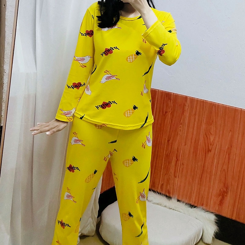 xiaohan korea Spring and Autumn loose nightwear round neck long sleeve sleepwear set cute print women baju tidur | BigBuy360 - bigbuy360.vn