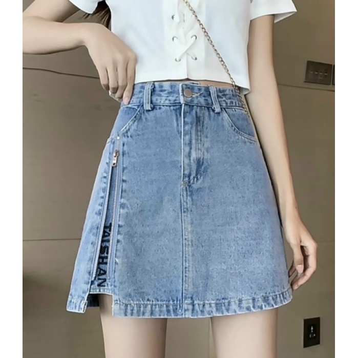 Chân Váy Jeans Co Dan Chữ A Ngắn Nữ Cạp Cao Khoá Kiểu Ở Đùi