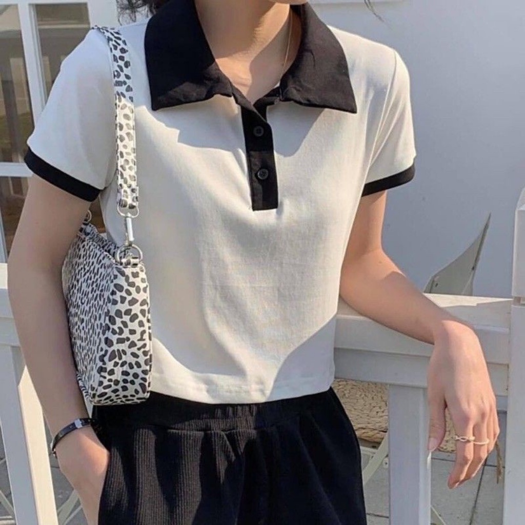 Áo croptop nữ kiểu tay ngắn phối cổ bẻ , Áo thun nữ cổ Polo Basic trơn thời trang