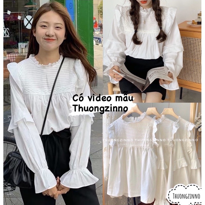 [Ảnh thật/Video]Áo babydoll trắng cánh tiên Ulzzang thiết kế độc lạ Áo sơ mi trắng tay bèo