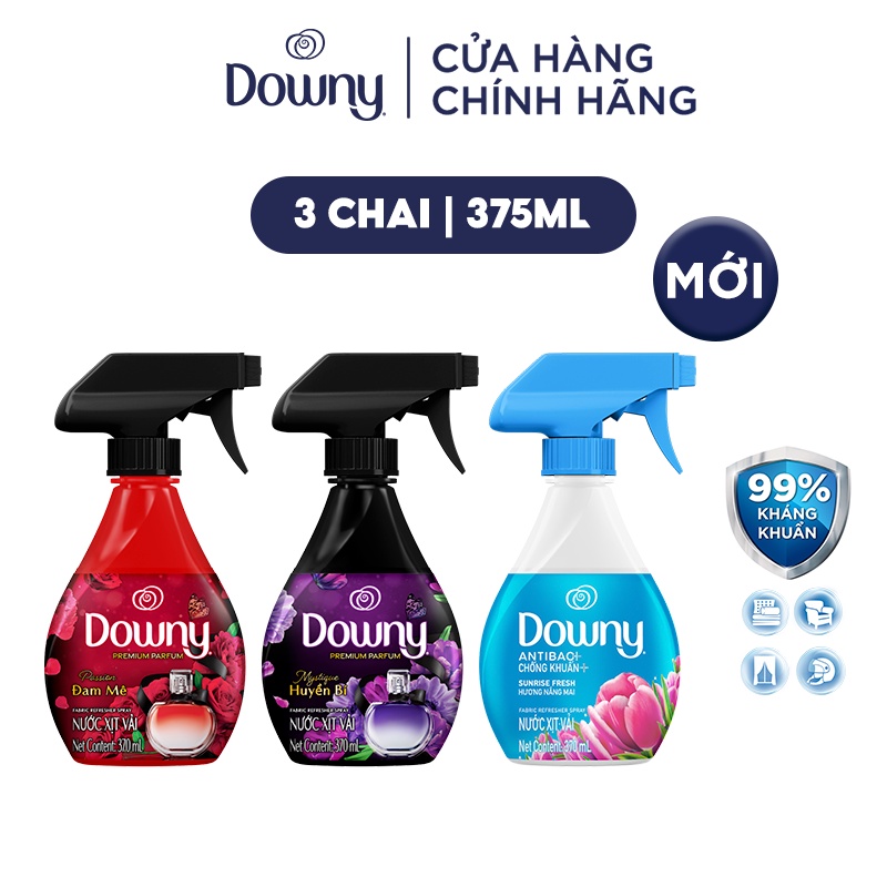 Combo 3 Chai Xịt Vải DOWNY Khử Mùi Và Chống Khuẩn 99.9% Chai 370ml Hương Nắng Mai/ Huyền Bí/ Đam Mê