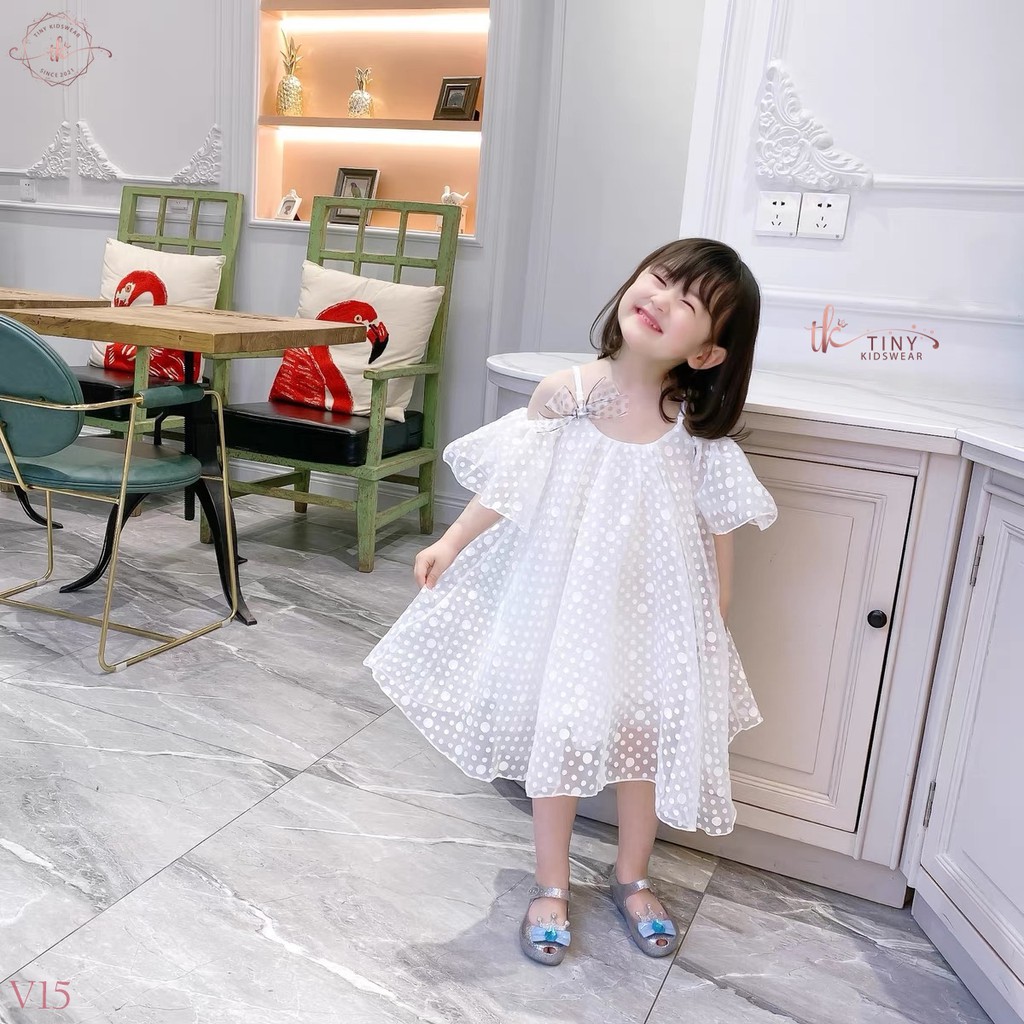 Váy Đầm Voan Trắng Chấm Bi Trễ Vai Cho Bé Gái Từ 10-18kg [V15]
