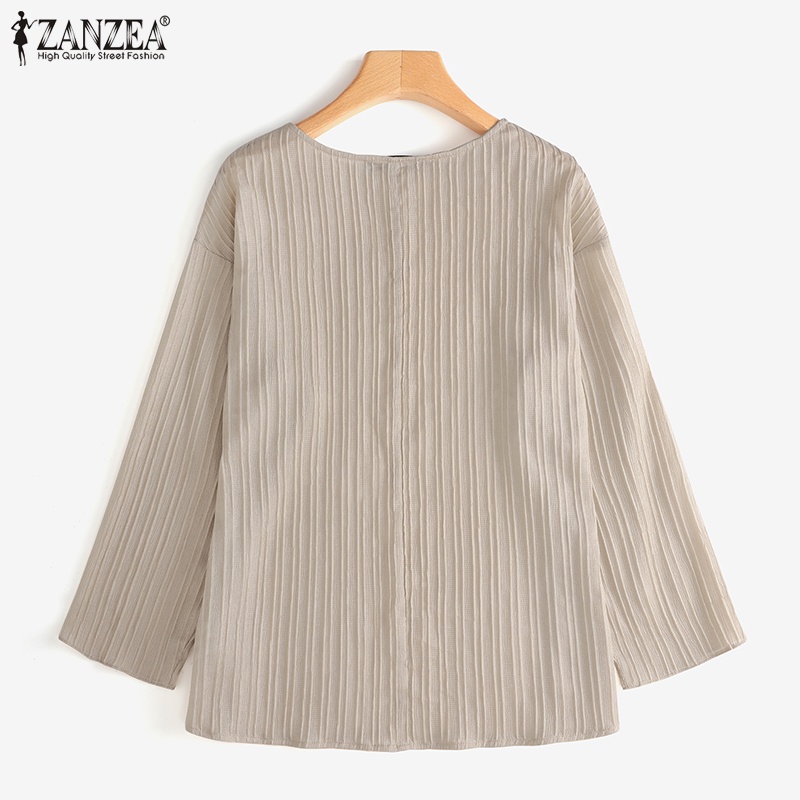 Áo kiểu ZANZEA dài tay cổ tròn xếp ly màu trơn thời trang cho nữ
