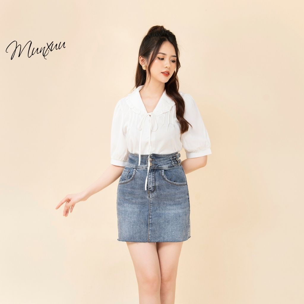 Áo sơ mi nữ trắng tay bồng MUNXUU, thiết kế cổ bèo buộc nơ nữ tính - SP41