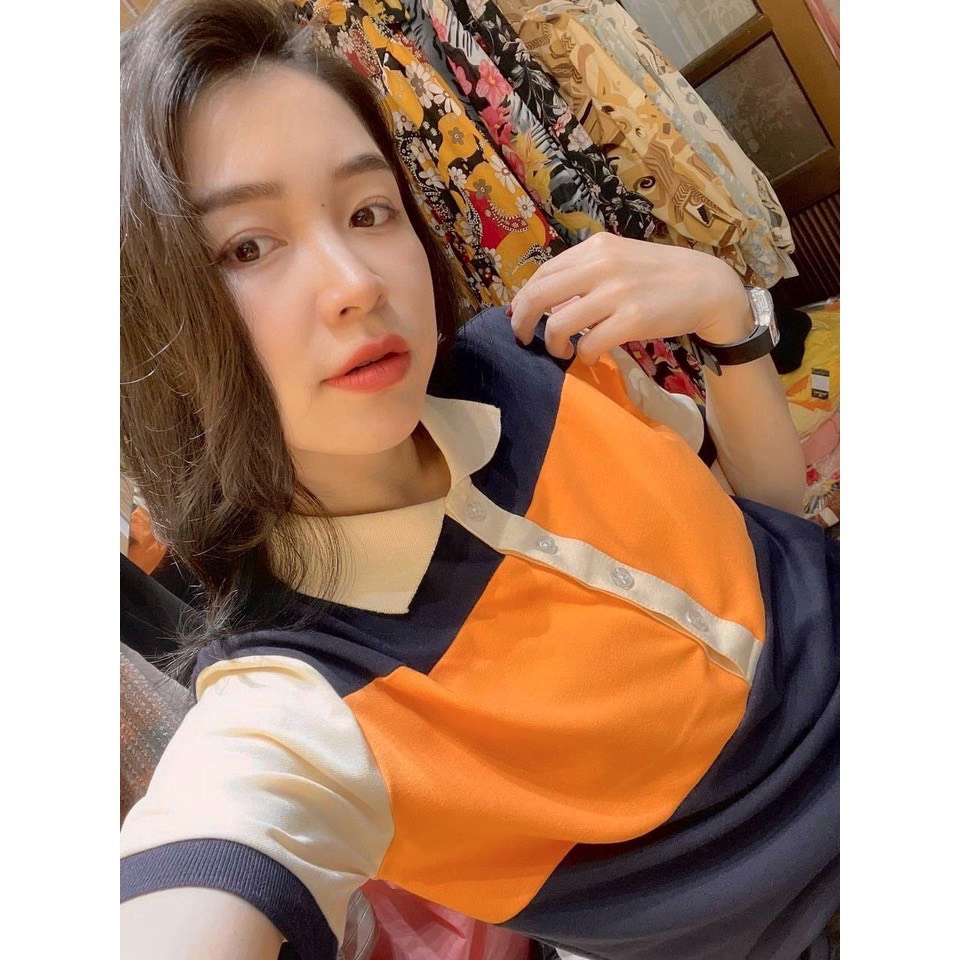 Áo  - Áo Phông Form Rộng Có Cổ Đen Cam