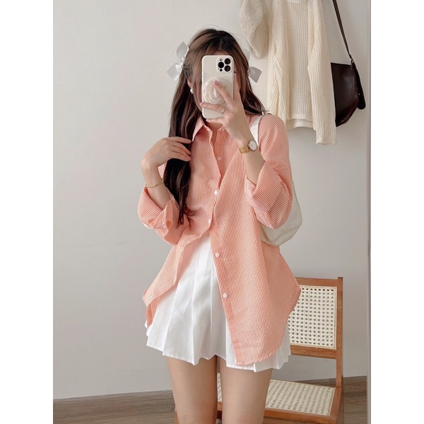 Áo sơ mi kẻ dáng dài tay chất xốp oversize Pea Store - Áo sơ mi kẻ dáng rộng chất xốp màu nổi bật