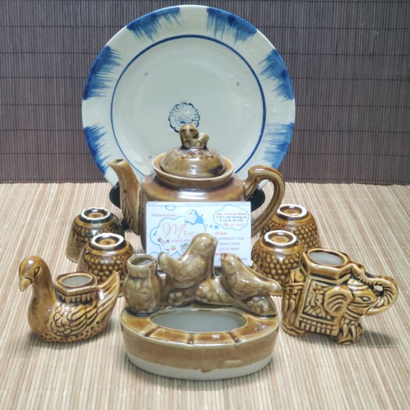 Bộ Ấm Trà Gốm Xưa Vàng Nâu Nhiều Món