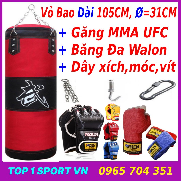 Vỏ Bao Cát Treo Đấm Bốc Tập Võ + Găng MMA Hở Ngón Hoặc Găng Bao Tay Đấm Bốc Boxing Zooboo hoặc BN + Băng Đa Cuốn Tay