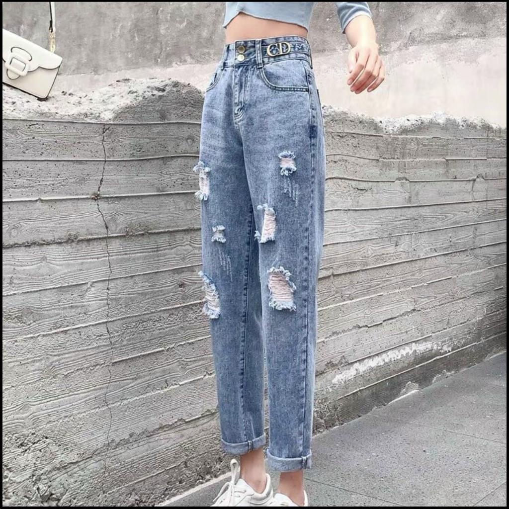 Quần Baggy Jean Nữ Rách Tinh Tế Lưng Cao Trang Nhã Phong Cách Hàn Quốc