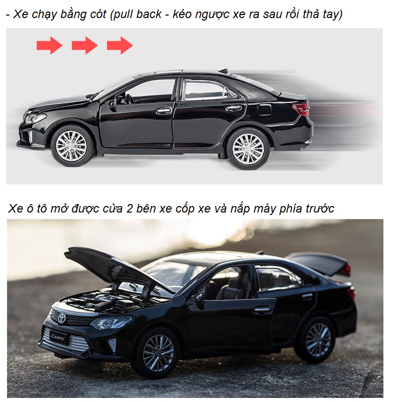 Mô hình xe ô tô Camry đồ chơi trẻ em tỉ lệ 1:32 bằng sắt có đèn và âm thanh xe mở được các cửa