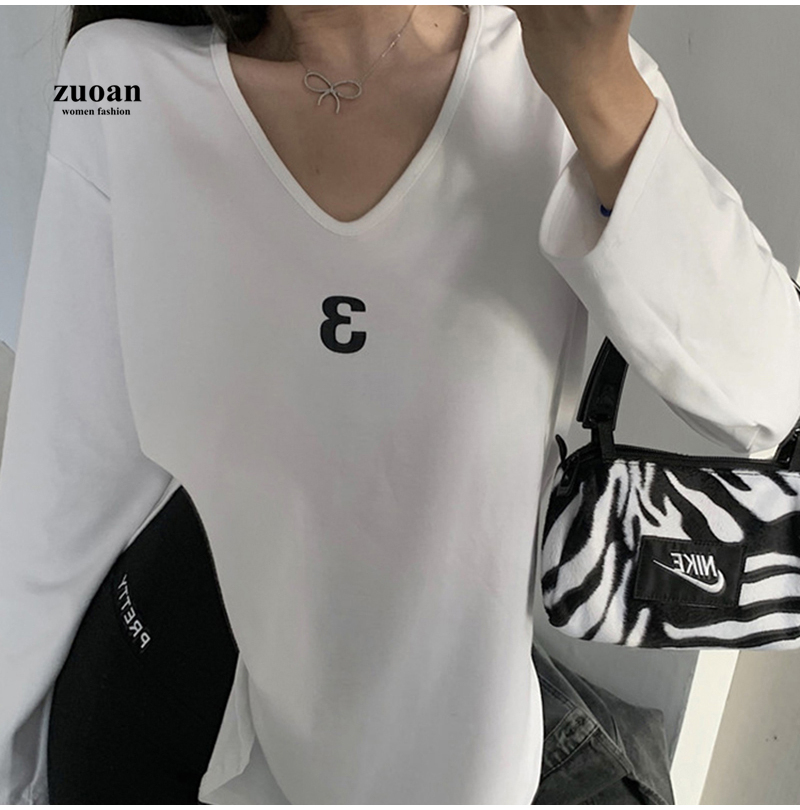 SUXI Áo Thun Cotton Màu Trắng Tay Dài In Họa Tiết Số Thời Trang Cho Nữ