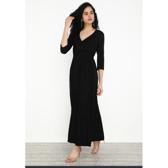 Đầm maxi tay dài f21 VNXK form xoè màu trơn cổ V đắp chéo basic xuất khẩu dư xịn màu đen và xanh ngọc