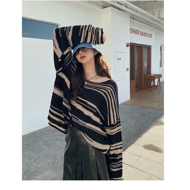 Áo Sweater Dệt Kim Dáng Rộng Kẻ Sọc Thời Trang Mùa Xuân Cho Nữ