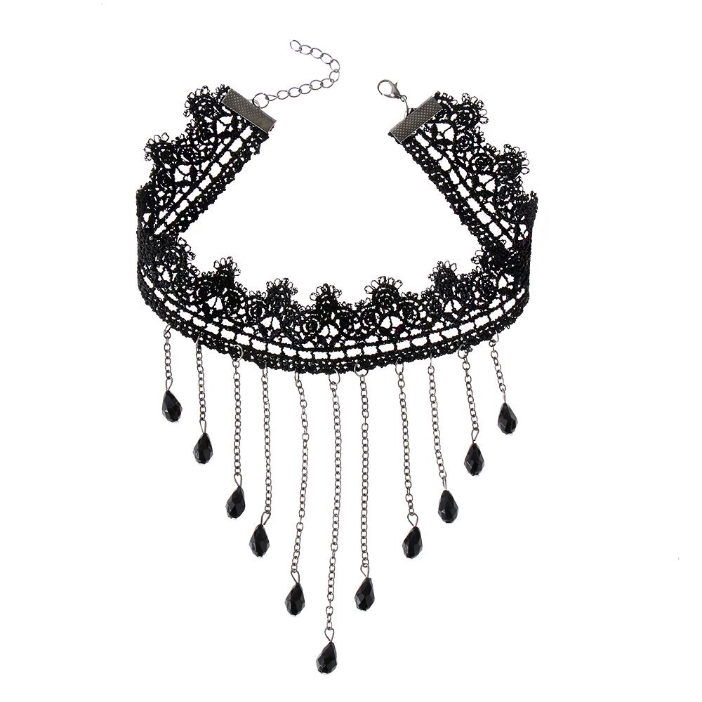 Vòng Cổ Choker Bằng Ren Màu Đen Xỏ Hạt Phong Cách Steampunk Cổ Điển Gợi Cảm Cho Nữ