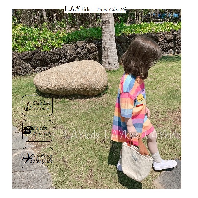 Áo Phông Coton Ngắn Tay Dáng Dài Phong Cách Giấu Quần Hoạ Tiết Cầu Vồng Smile L.A.Y kids