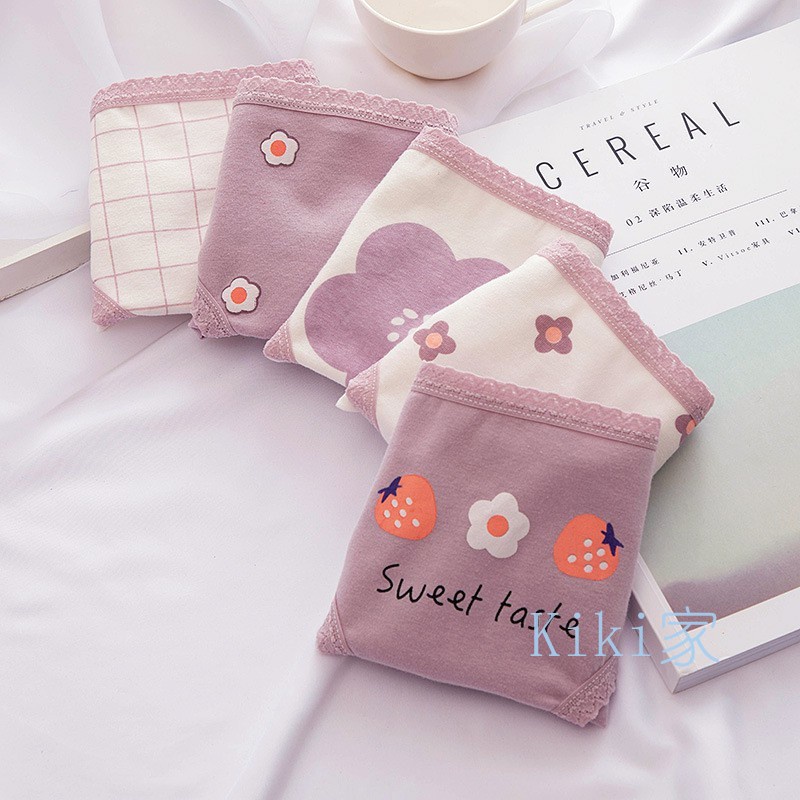 Kiki 'S Quần Lót Cotton Tím Lưng Vừa Thoáng Khí In Hình Trái Dâu Nhật Bản Dễ Thương Thoải Mái Cho Nữ