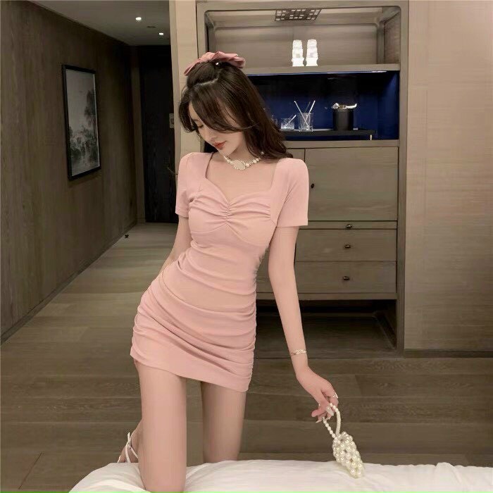 [ Miễn phí ship 2022 ] Đầm thun ôm body nhún ngực tay ngắn, váy dáng ngắn trẻ trung, phong cách Hàn Quốc
