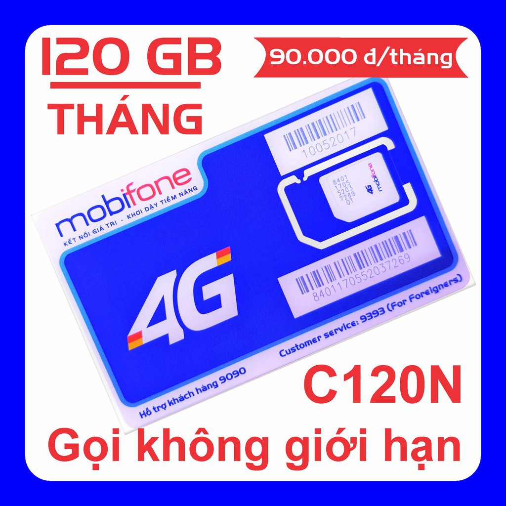 Sim 4G Mobifone C120N 120GB/tháng (4 GB/ngày + 1000 phút nội mạng + 50 phút liên mạng)