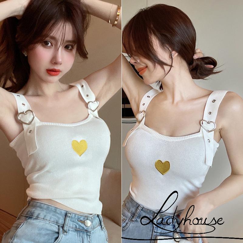 LDD-Women´s Summer Mini Knitted Camisole Sleeveless Adjustable Shoulder Strap Heart Print Sling Vest