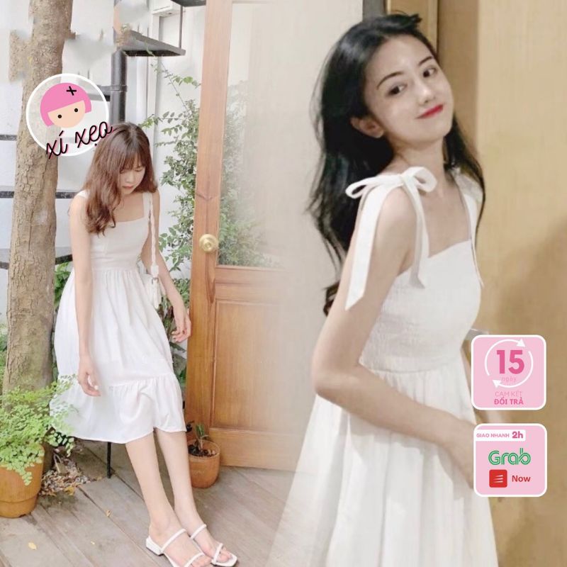Đầm 2 dây cột nơ vải đũi cao cấp chất mịn và mát.