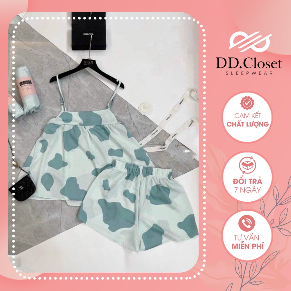 Bộ đồ ngủ hai dây mùa hè chất Kate Thái màu xanh nhạt họa tiết bò sữa dễ thương - CD0011